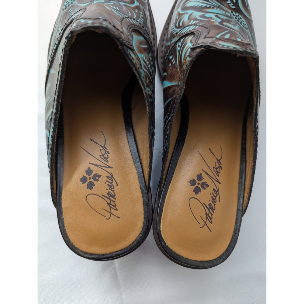 Patricia Nash Battista Mules Shoes US 6.5 Floral Turquoise Brown Leather Cowgirl - Picture 5 of 9